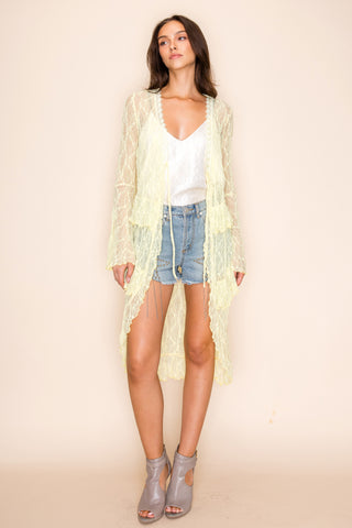 Yellow Front Tie Long Cardigan with Lace Trim - detail