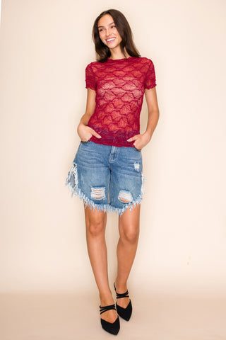 Burgundy Scalloped Lace Short Sleeve Top