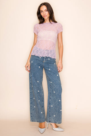 Pink Scalloped Lace Short Sleeve Top