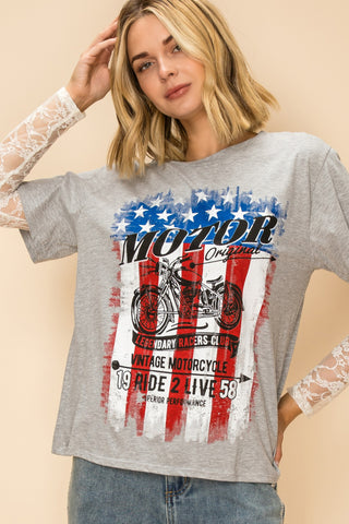 H Grey American Flag Graphic Lace Sleeve Top - front