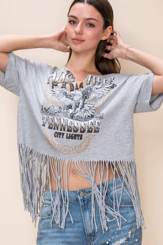 H Grey Nashville Eagle Fringe Crop Top - detail