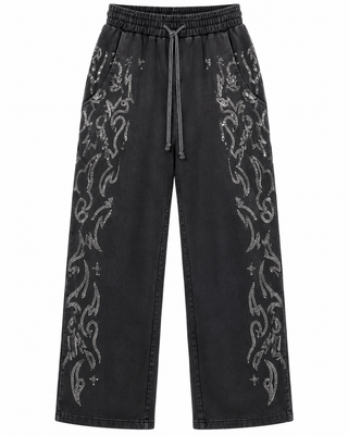 Black Gunmetal Stone Lace Panel Drawstring Pants - white background flat lay