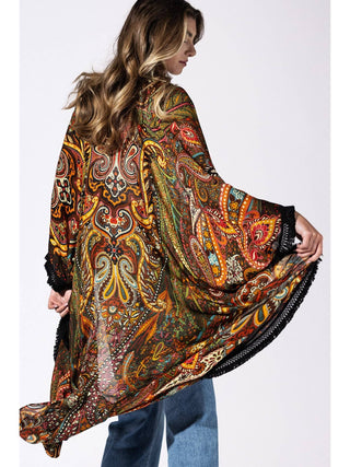 Golden Ochre Paisley Fringe One Sized Kimono product view 2 on a white background
