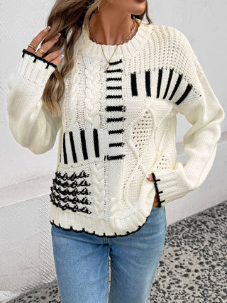 White Contrast Stitch Cable Knit Sweater front