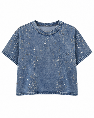 Denim Vintage Washed Western Rhinestone Top - white background flat lay