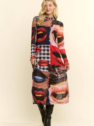 Black Collage Lip Print Mesh Dress
