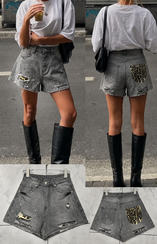 Gray Leopard Patch Embellished Ripped Shorts