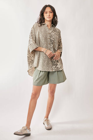 TAUPE LEOPARD ANIMAL PRINTED RIBBON RUFFLE SLEEVE SHIRT TOP - Born To Glam