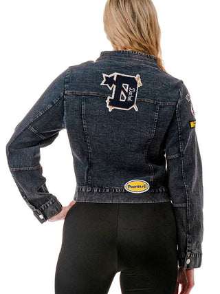 Black Racing Patch Long Sleeve Moto Denim Jacket – supplier photo 2