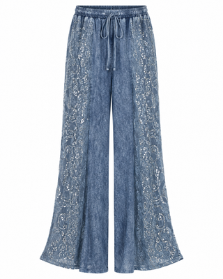 Denim Embellished Lace Panel Drawstring Pants - white background flat lay