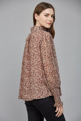 Brown Animal Print Ruffle Blouse