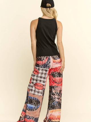 Red Combo Lace Mix Lips Print Pants