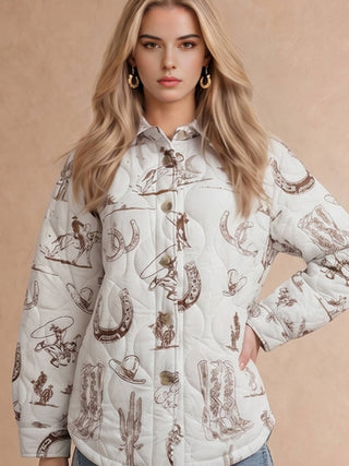 White Taupe Western Printed Quilted Shacket - Faire photo 6