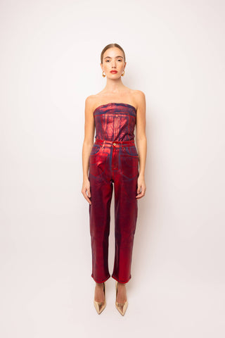 Lupe Red Denim Foil Coated Pants - Born To Glam