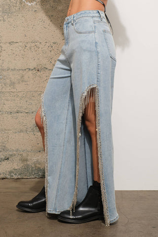 Open Side Rhinestone Fringe Jeans - Born To Glam
