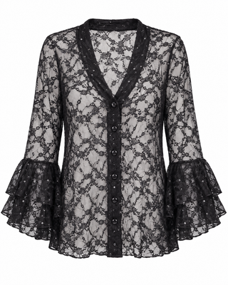 Black Lace Ruffle Cardigan - white background flat lay