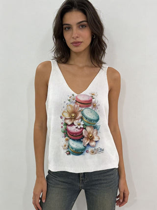 White Macaron Floral Graphic Top