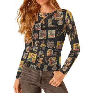 Vintage Cowgirl Collage Long Sleeve Mesh Top