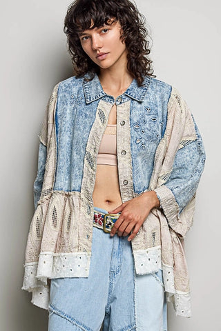 Denim Eyelet Crochet Patch Jacket