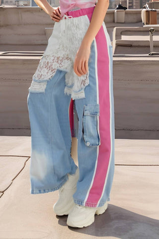 Colorblock Lace and Denim Cargo Pants - Born To Glam