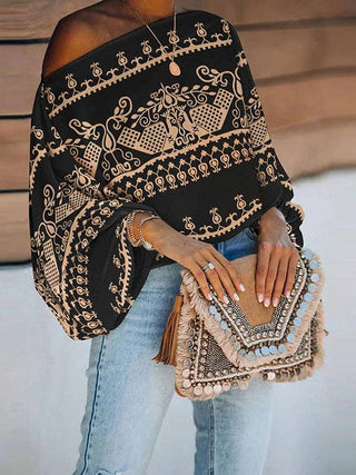 Loose Puff Sleeves Contrast Color Geometric Printed Off-The-Shoulder Top BLACK