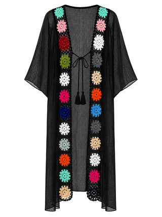 Black Floral Crochet Trim One Sized Kimono detail