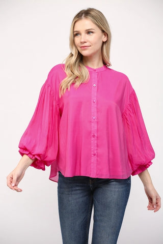 Fuchsia Puff Sleeve Button Down Top