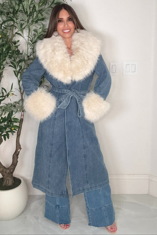 Denim Faux Fur Collar Jacket - Born To Glam