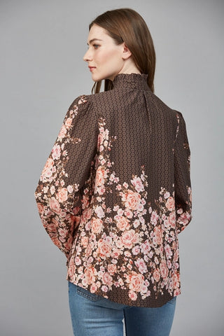 Brown Rose Print Long Sleeve Blouse