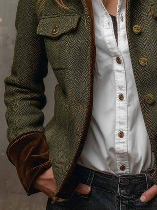 Army Green Herringbone Tweed Blazer with Velvet Trim Army Green view 3