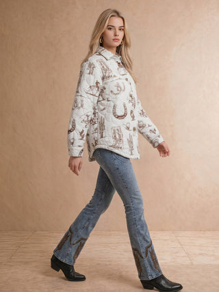 White Taupe Western Printed Quilted Shacket - Faire photo 4