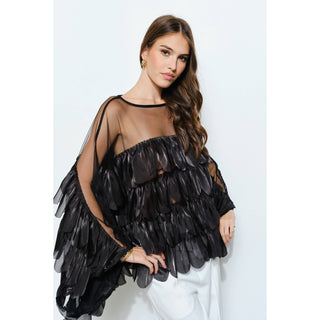 Black Shimmer Organza Scallop Ruffle Layered Blouse - Born To Glam