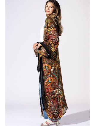 Golden Ochre Paisley Fringe One Sized Kimono product view 4 on a white background