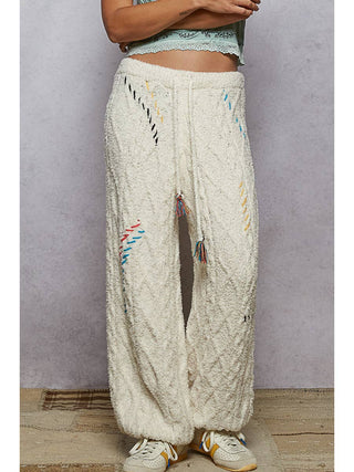 Powder Cream Cable Knit Pattern with Stitch Detailing Balloon Hem Pants - Born To Glam