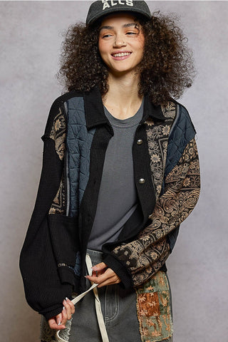 Black Floral Print Contrast Color Block Quilted Jacket by Born To Glam