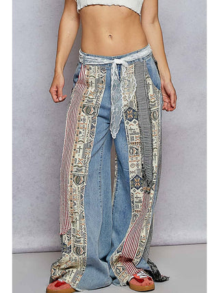 Denim Patchwork Relaxed Woven Denim Pant by Born To Glam