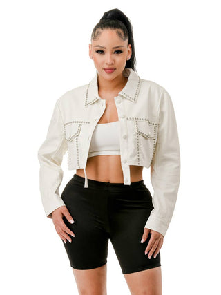 White Jewel Trim Long Sleeve Cropped Faux Leather Jacket – front view