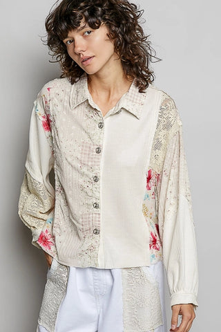 Ivory Contrast Floral Printed Woven Shirt Top