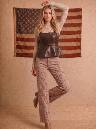 Washed Blush Pearl Embellished Western Jeans - Faire photo 4