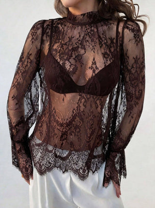 Black Sheer Lace Bell Sleeve Blouse - Black