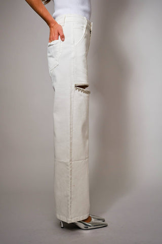 White Cut Out Front Rhinestone Washed Denim Jeans - Born To Glam