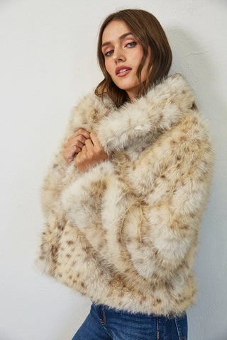 Beige Animal Pattern Faux Fur Coat