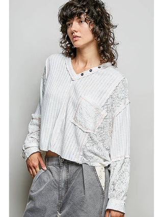 Off White Lace Patchwork Balloon Sleeve Crop Top duplicate