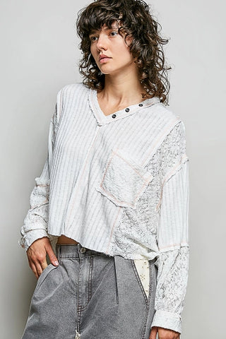 Off White Lace Patchwork Balloon Sleeve Crop Top