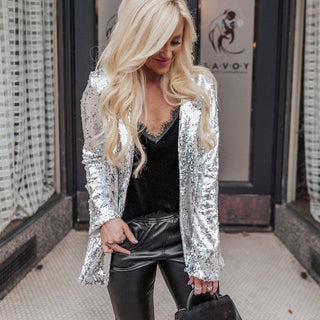 Sequin Blazer Long Sleeve Zip Up Slim Jacket White