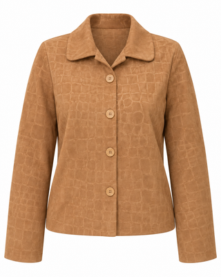 Camel Faux Suede Button Front Jacket - white background flat lay