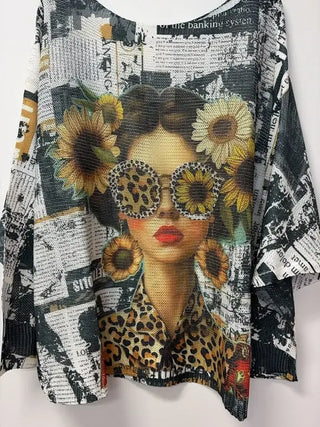 Newsprint Sunflower Girl Graphic Knit Sweater