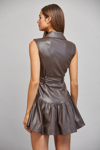 Brown Faux Leather Belted Drop Waist Dress