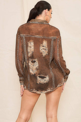 Denim Effect Chiffon Blouse Shorts Set