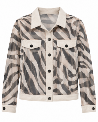 Mocha Zebra Faux Suede Trimmed Mesh Jacket - white background flat lay